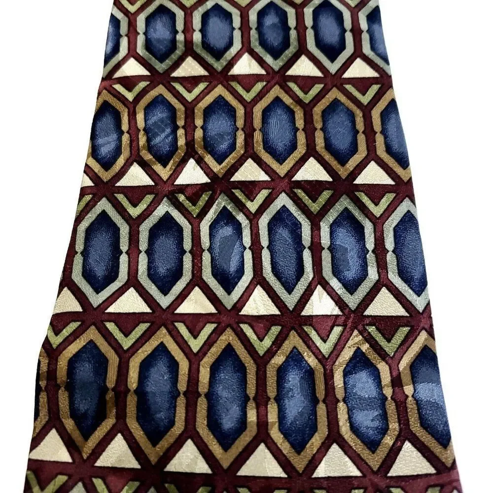 Z. Inc‎ Blue Tan Jacquard Geometric Print Wide Silk Tie